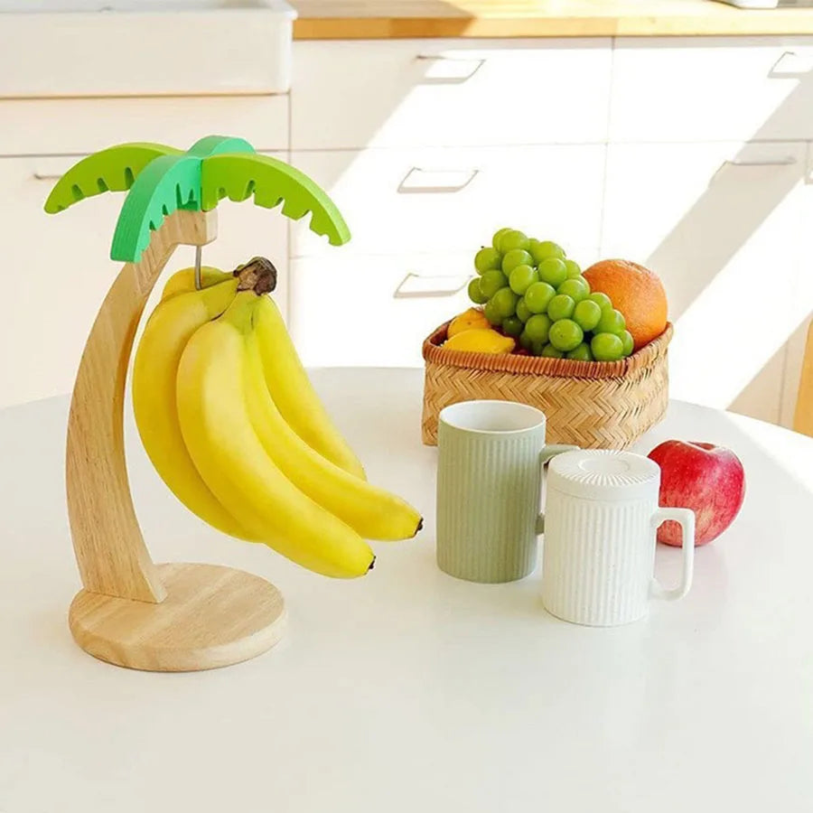 Wooden Banana Rack Hanging Kitchen Rack Simulated Leaf Decorative Fruit Vertical Storage Rack with Hook Kitchen Decoration